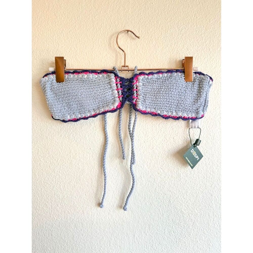 Despi Brasil Crochet Bandeau Bikini Top in Light Blue Purple & Pink size M NWT